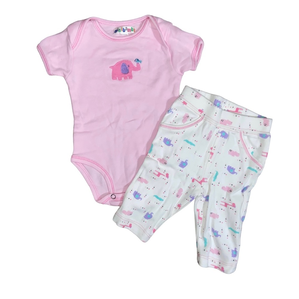 Mini Bamba Baby Girl’s Size 3 months pink with animals bodysuit and pants outfit